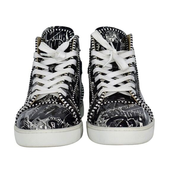 B20 NWD CHRISTIAN LOUBOUTIN Patent Blk/Wht Graffiti Hi Top Sneaker Shoes Size 40 main image 4
